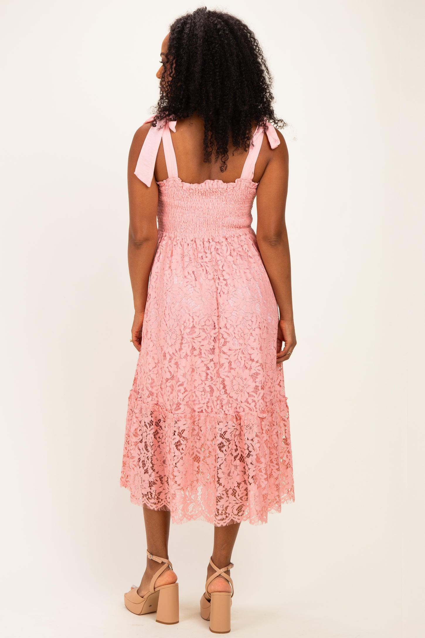 Pink Ribbon Strap Smocked Lace Midi Dress