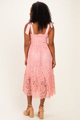 Pink Ribbon Strap Smocked Lace Midi Dress