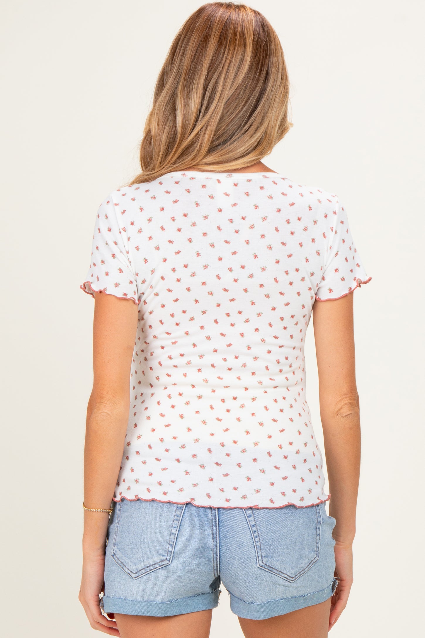 Ivory Red Ditsy Floral Lettuce Edge Maternity Henley Top