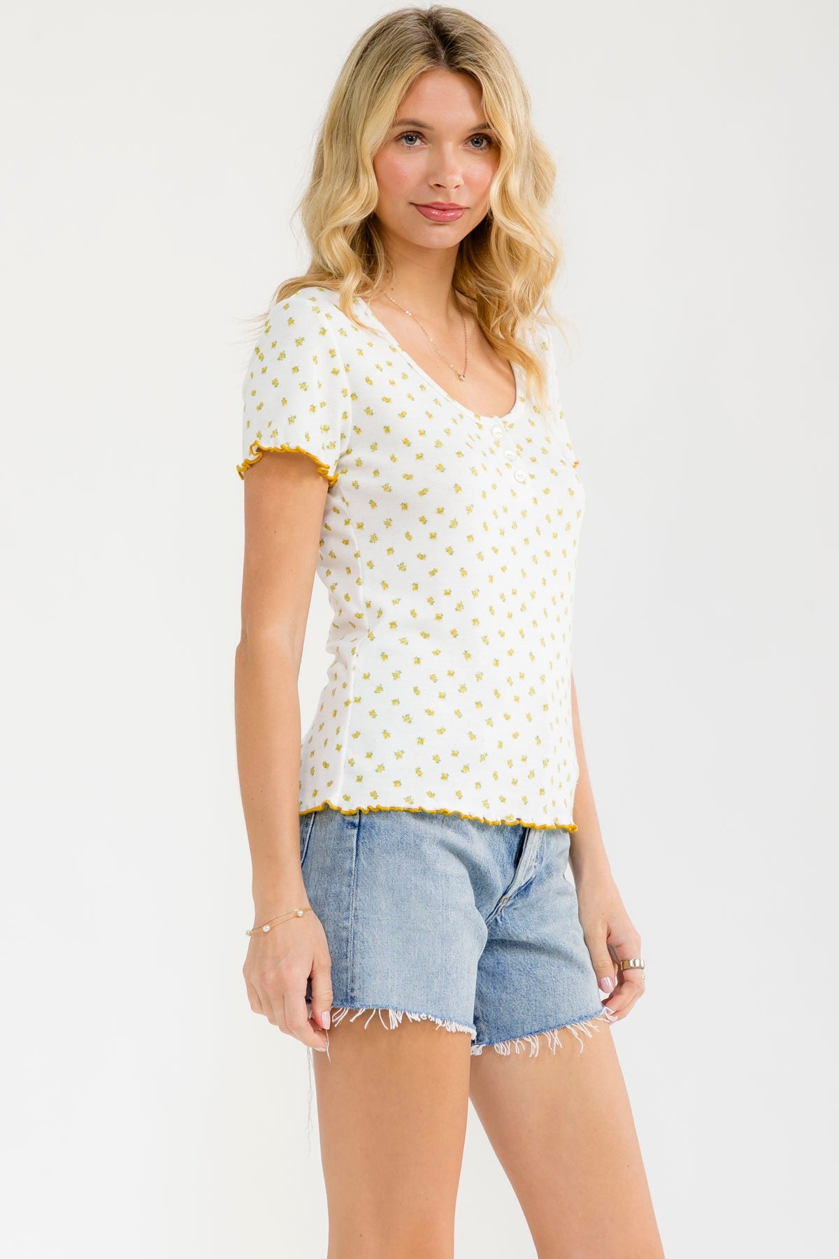 Ivory Mustard Ditsy Floral Lettuce Edge Henley Top
