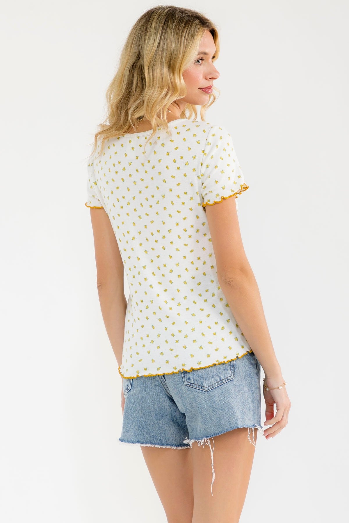 Ivory Mustard Ditsy Floral Lettuce Edge Henley Top