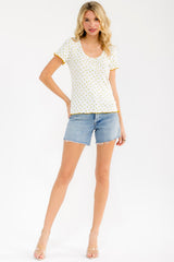Ivory Mustard Ditsy Floral Lettuce Edge Henley Top