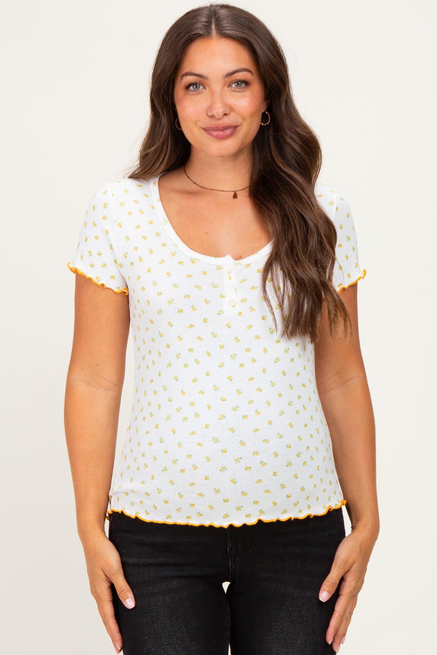 Ivory Mustard Ditsy Floral Lettuce Edge Maternity Henley Top