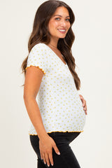 Ivory Mustard Ditsy Floral Lettuce Edge Maternity Henley Top