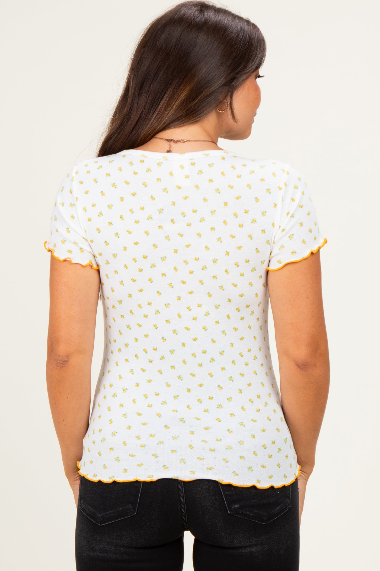 Ivory Mustard Ditsy Floral Lettuce Edge Maternity Henley Top