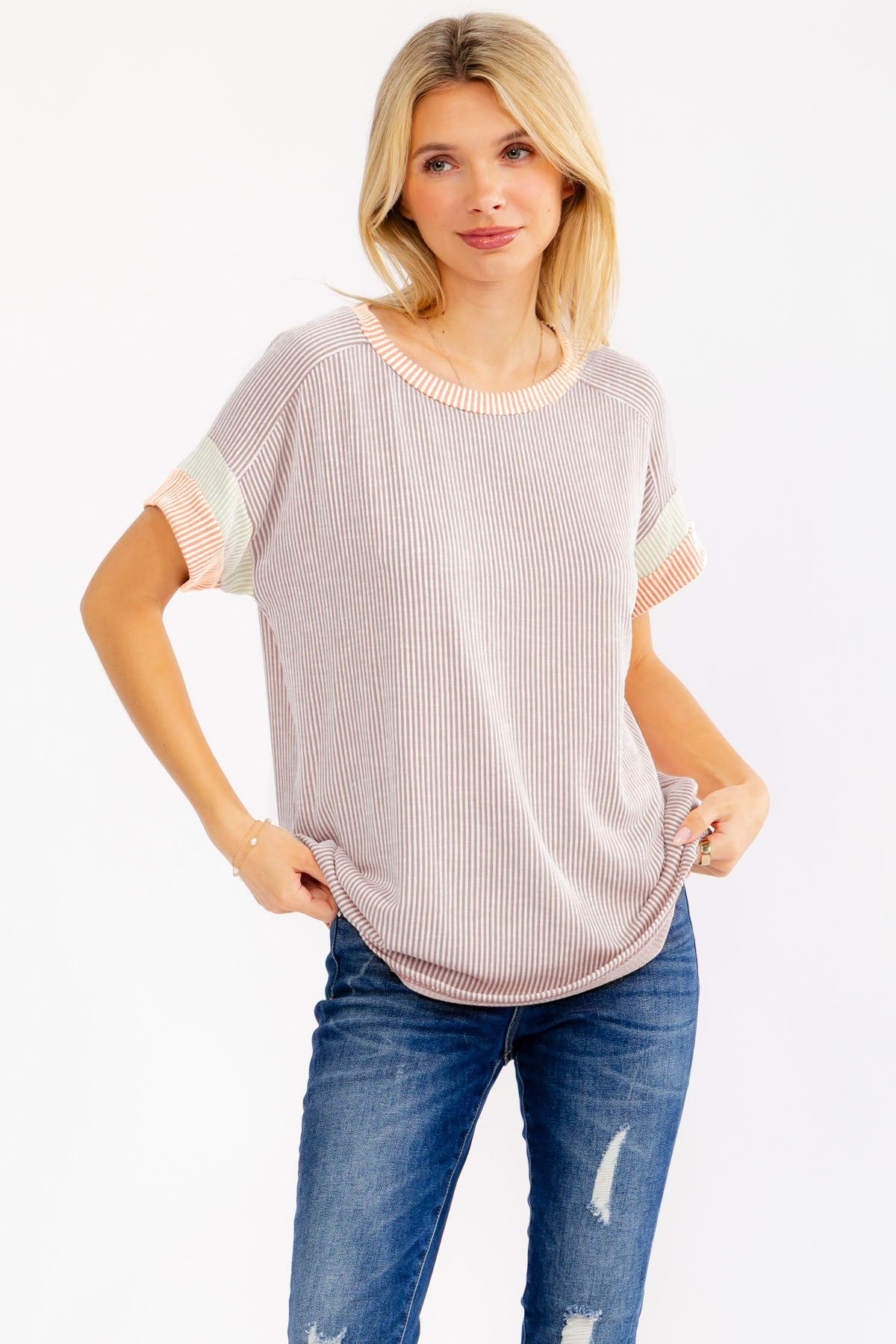 Mocha Rib Color Block Short Sleeve Top