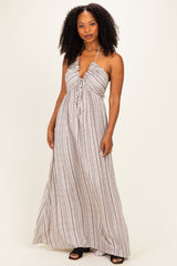 Taupe Printed V Neck Maternity Maxi Dress