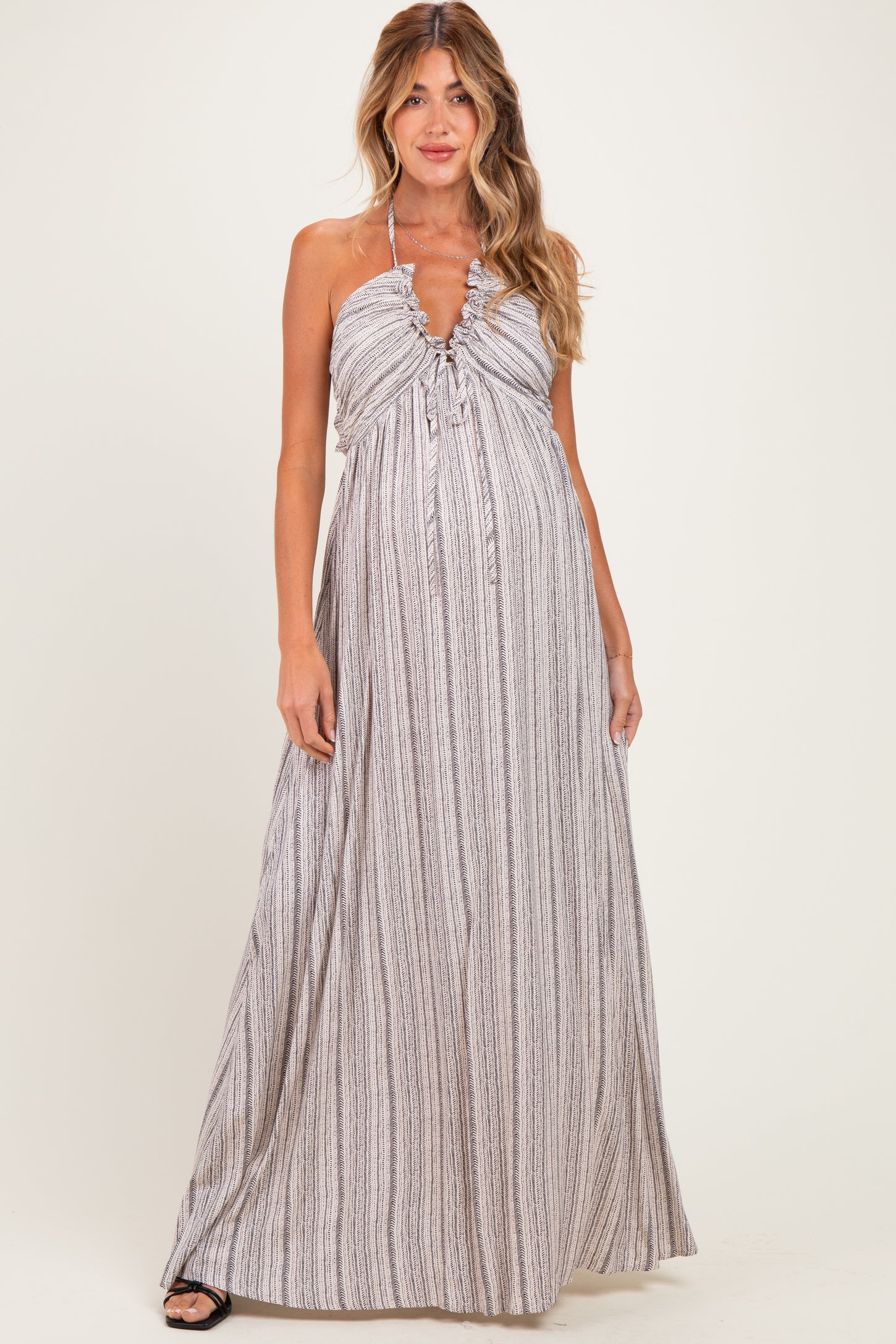 Taupe Printed V Neck Maternity Maxi Dress
