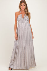 Taupe Printed V Neck Maternity Maxi Dress