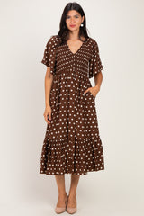 Brown White Polka Dot Smocked Bodice Flutter Sleeve Maternity Midi Dress