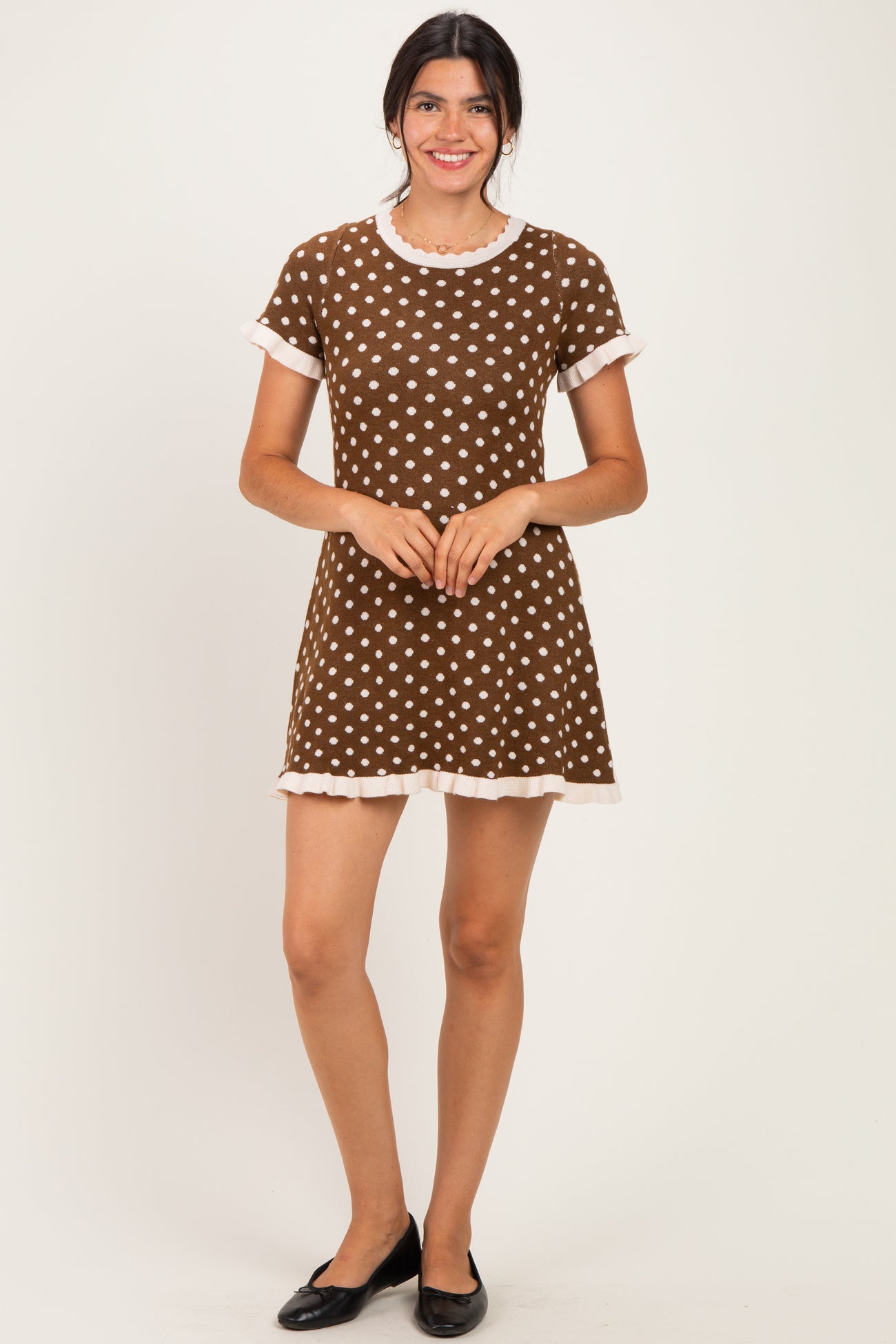 Brown Ivory Polka Dot Ruffled Sweater Knit Dress