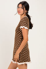 Brown Ivory Polka Dot Ruffled Sweater Knit Dress