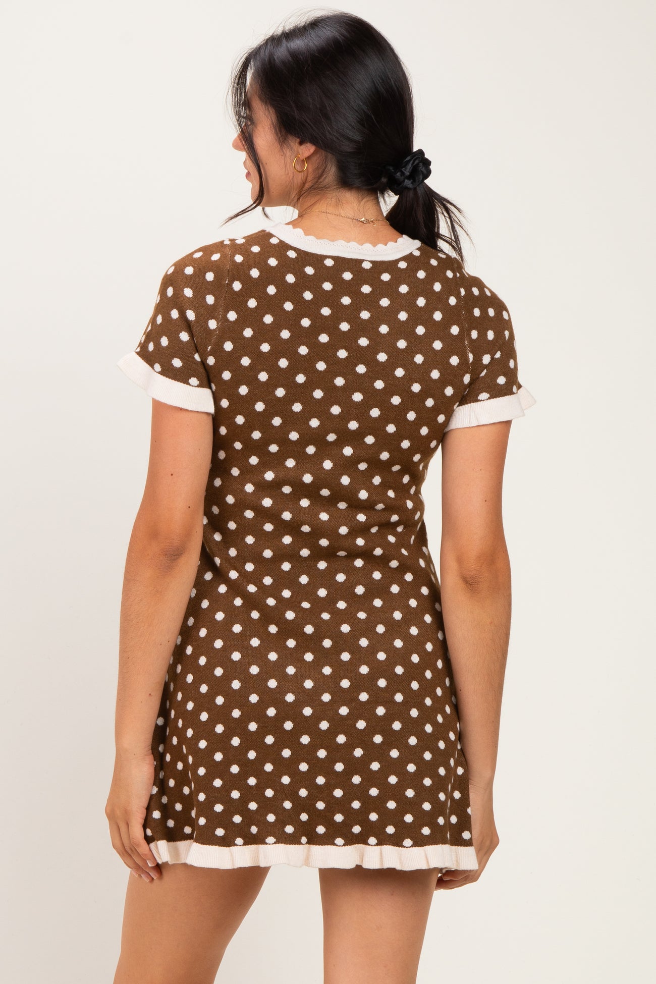Brown Ivory Polka Dot Ruffled Sweater Knit Dress