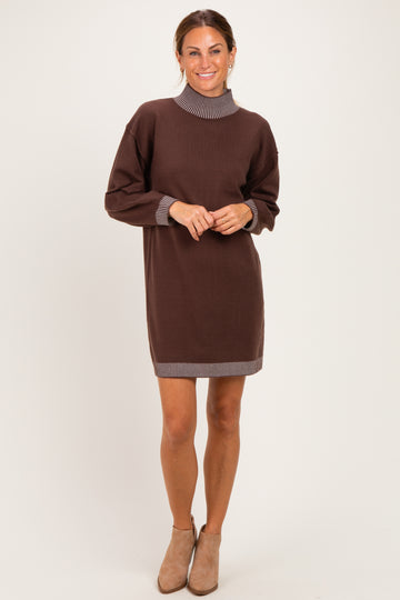 Brown Contrast Mock Neck Sweater Dress