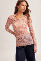 Magenta Pink Floral Printed Mesh Long Sleeve Top