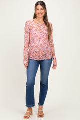 Magenta Pink Floral Printed Mesh Long Sleeve Maternity Top