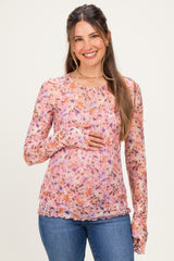 Magenta Pink Floral Printed Mesh Long Sleeve Maternity Top