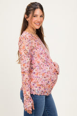 Magenta Pink Floral Printed Mesh Long Sleeve Maternity Top