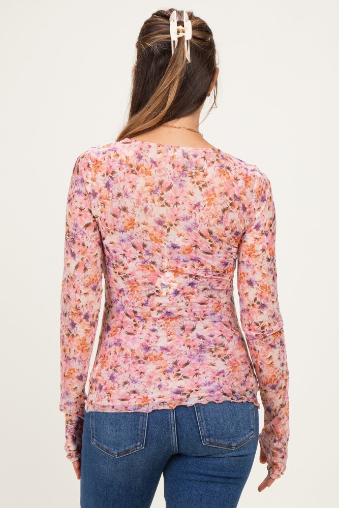 Magenta Pink Floral Printed Mesh Long Sleeve Maternity Top
