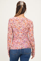 Magenta Pink Floral Printed Mesh Long Sleeve Maternity Top