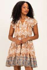 Mocha V Neck Flutter Sleeve Border Print Mini Tiered Dress