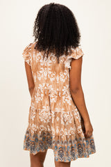 Mocha V Neck Flutter Sleeve Border Print Mini Tiered Dress
