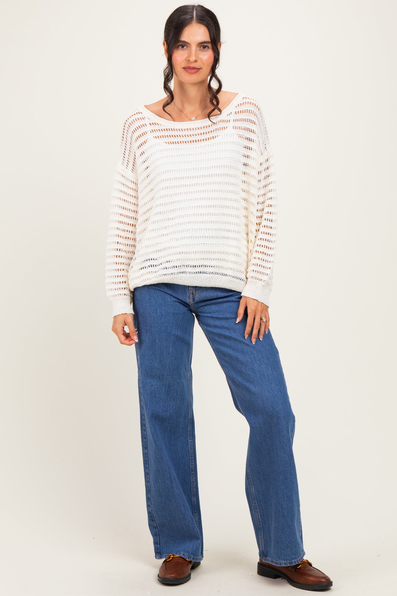 Ivory Open Knit Striped Sweater Top