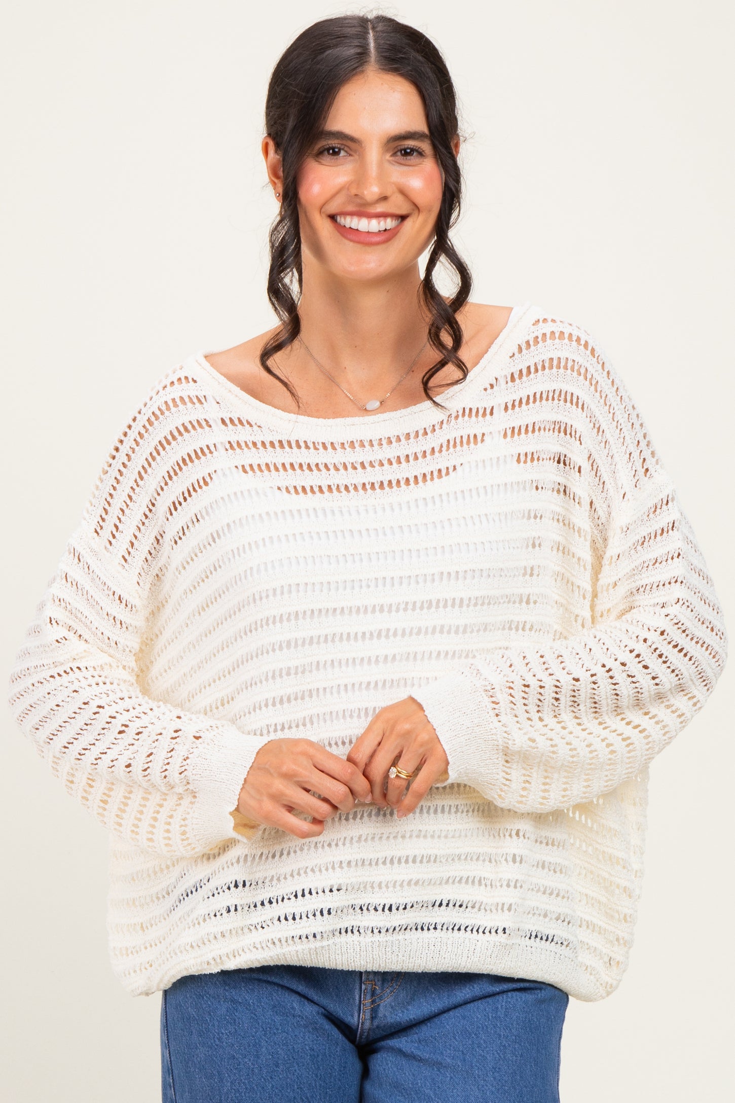 Ivory Open Knit Striped Sweater Top