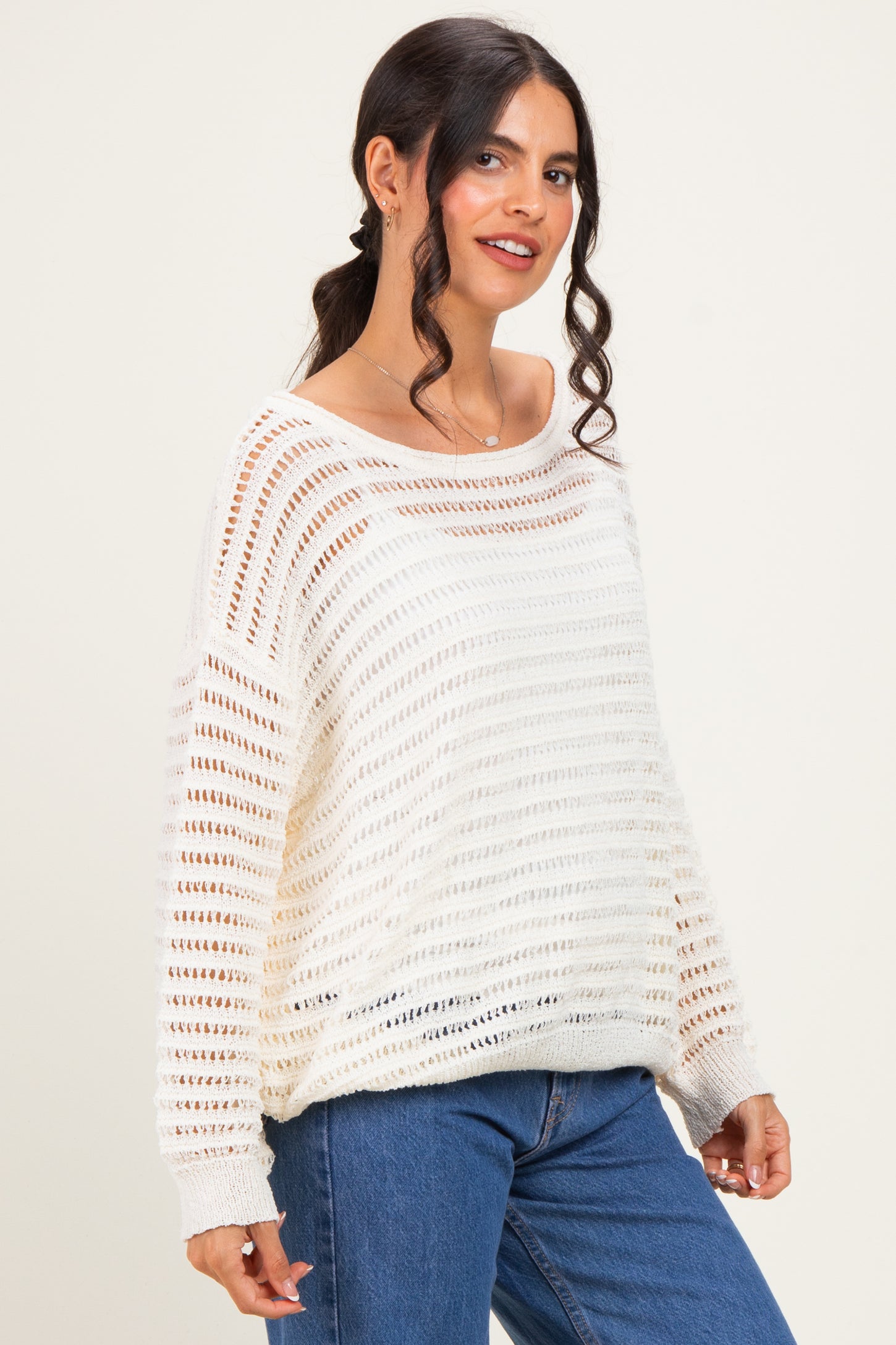 Ivory Open Knit Striped Sweater Top