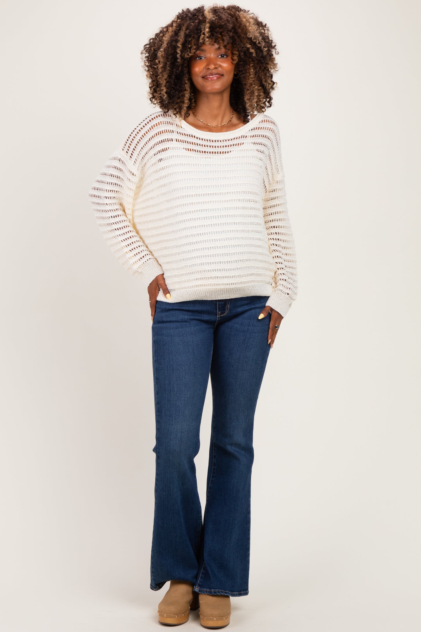 Ivory Open Knit Striped Maternity Sweater Top