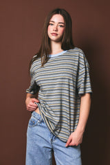 Heather Grey Multi Striped Oversized Short Sleeve Tee