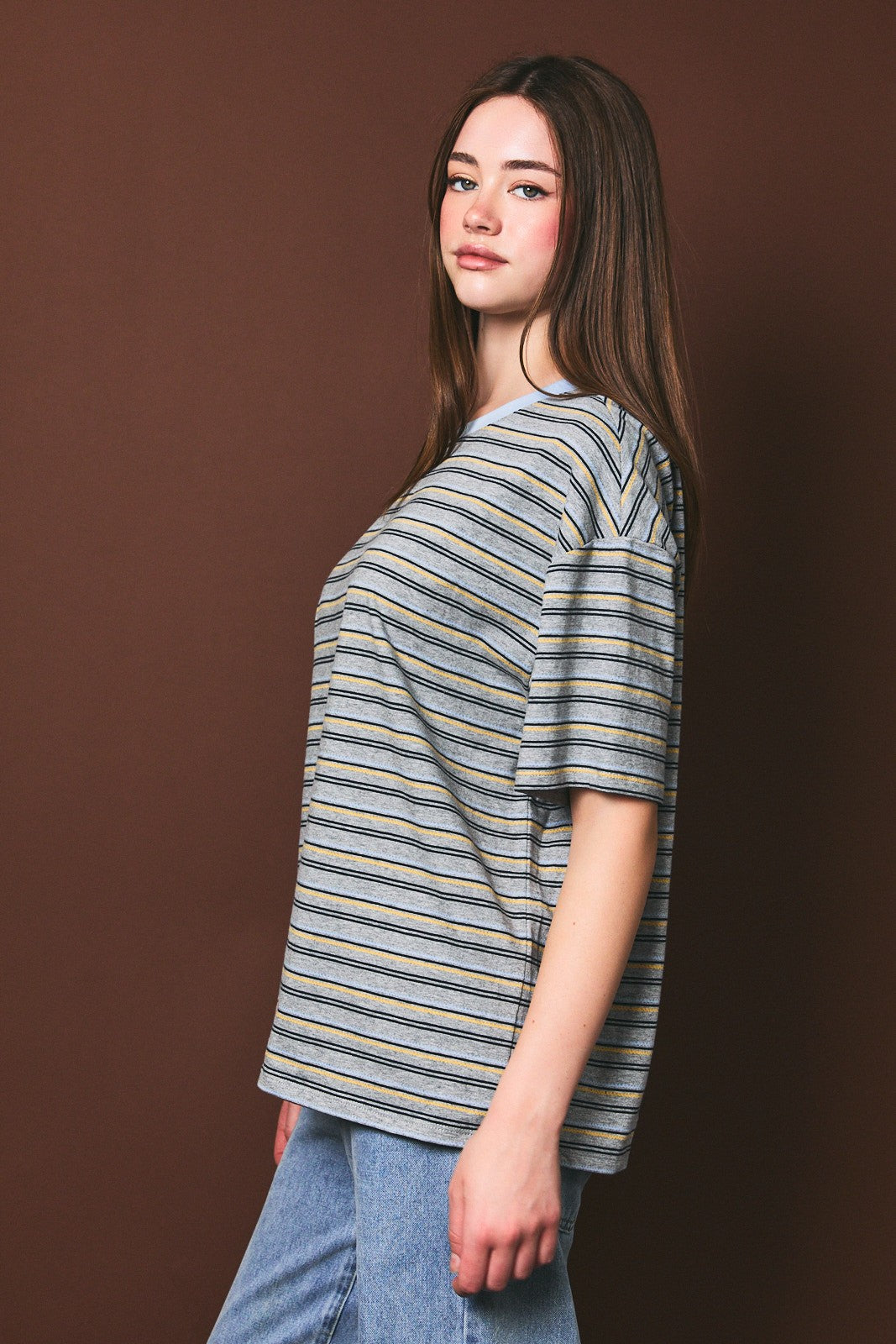 Heather Grey Multi Striped Oversized Short Sleeve Tee