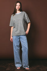 Heather Grey Multi Striped Oversized Short Sleeve Tee