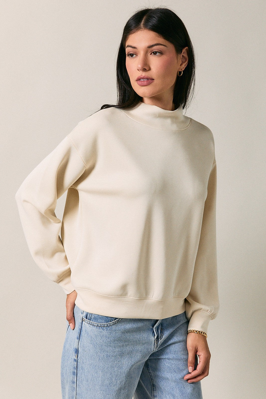 Cream Mock Neck Drop Shoulder Sweatshirt