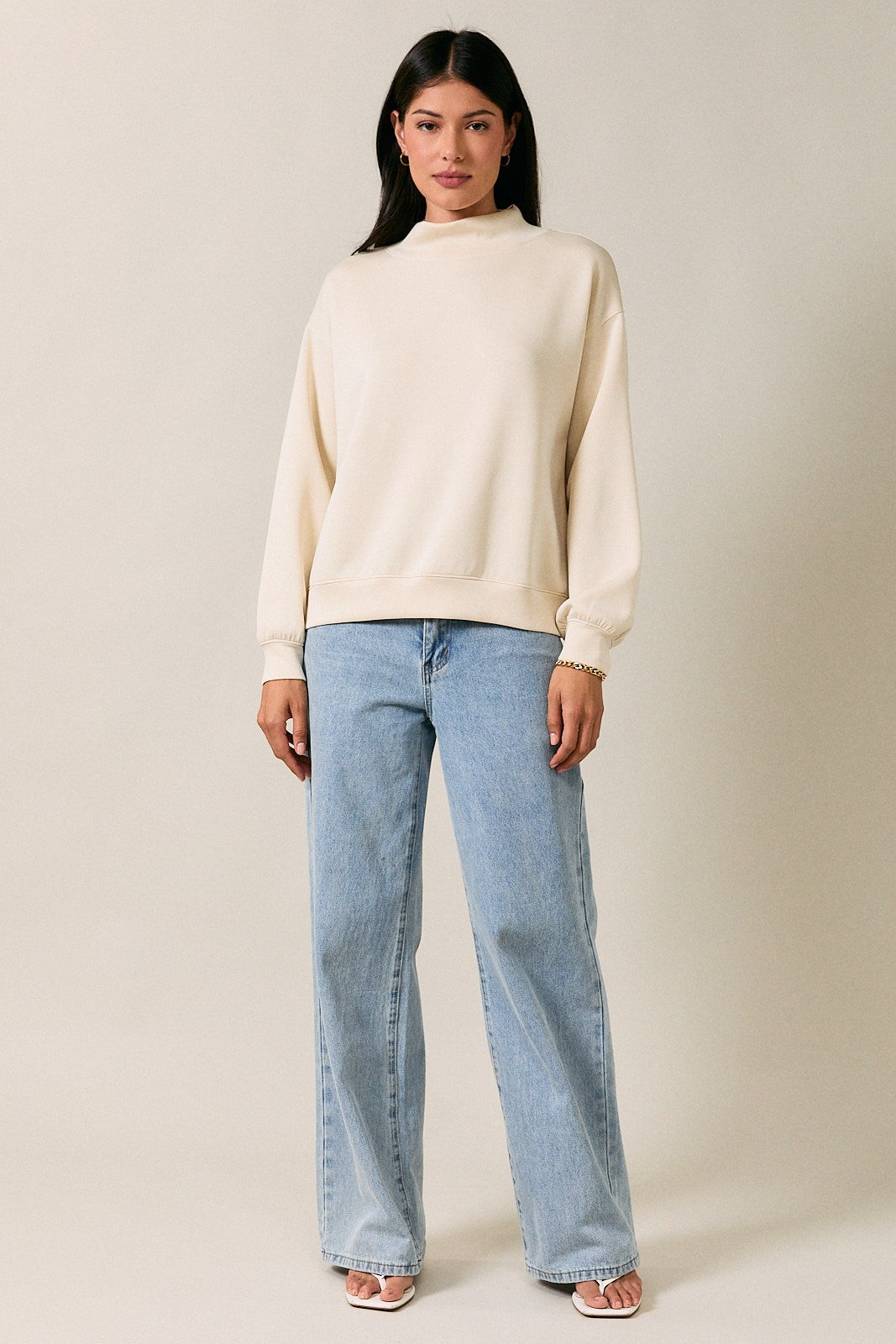 Cream Mock Neck Drop Shoulder Sweatshirt