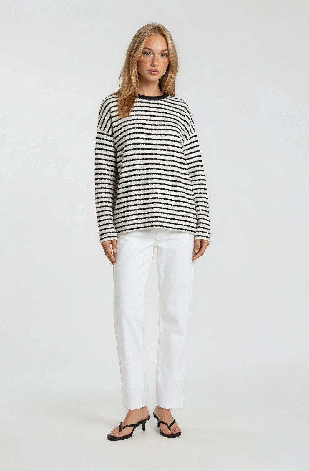 White Striped Knit Long Sleeve Top