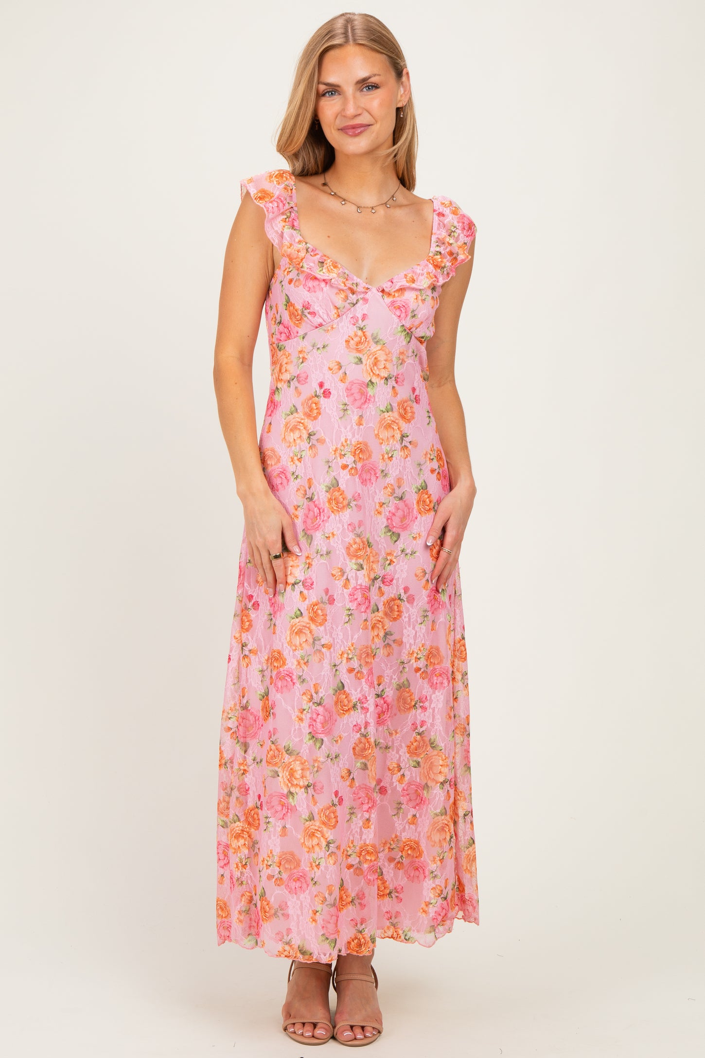 Pink Floral Sleeveless Maxi Dress