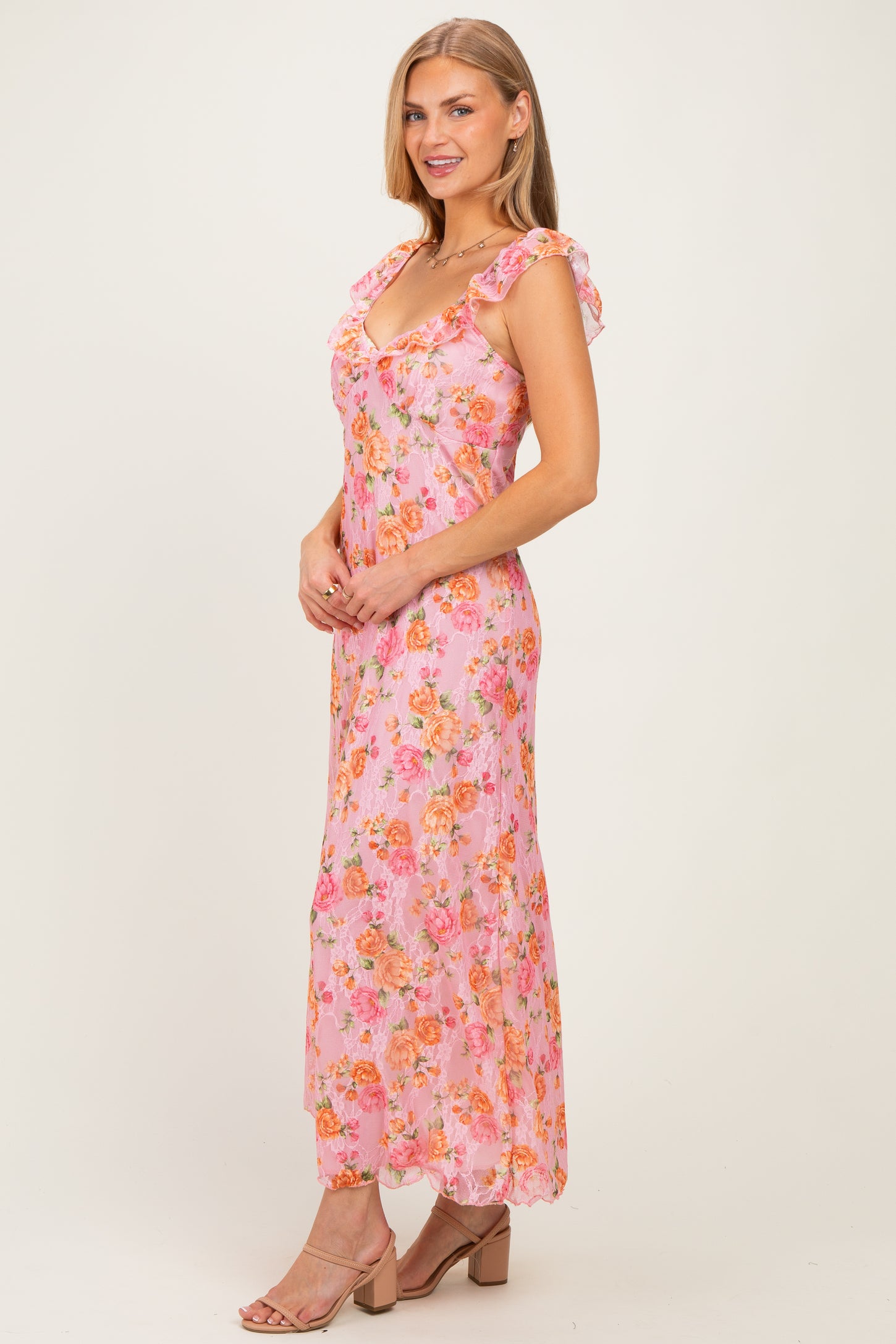 Pink Floral Sleeveless Maxi Dress