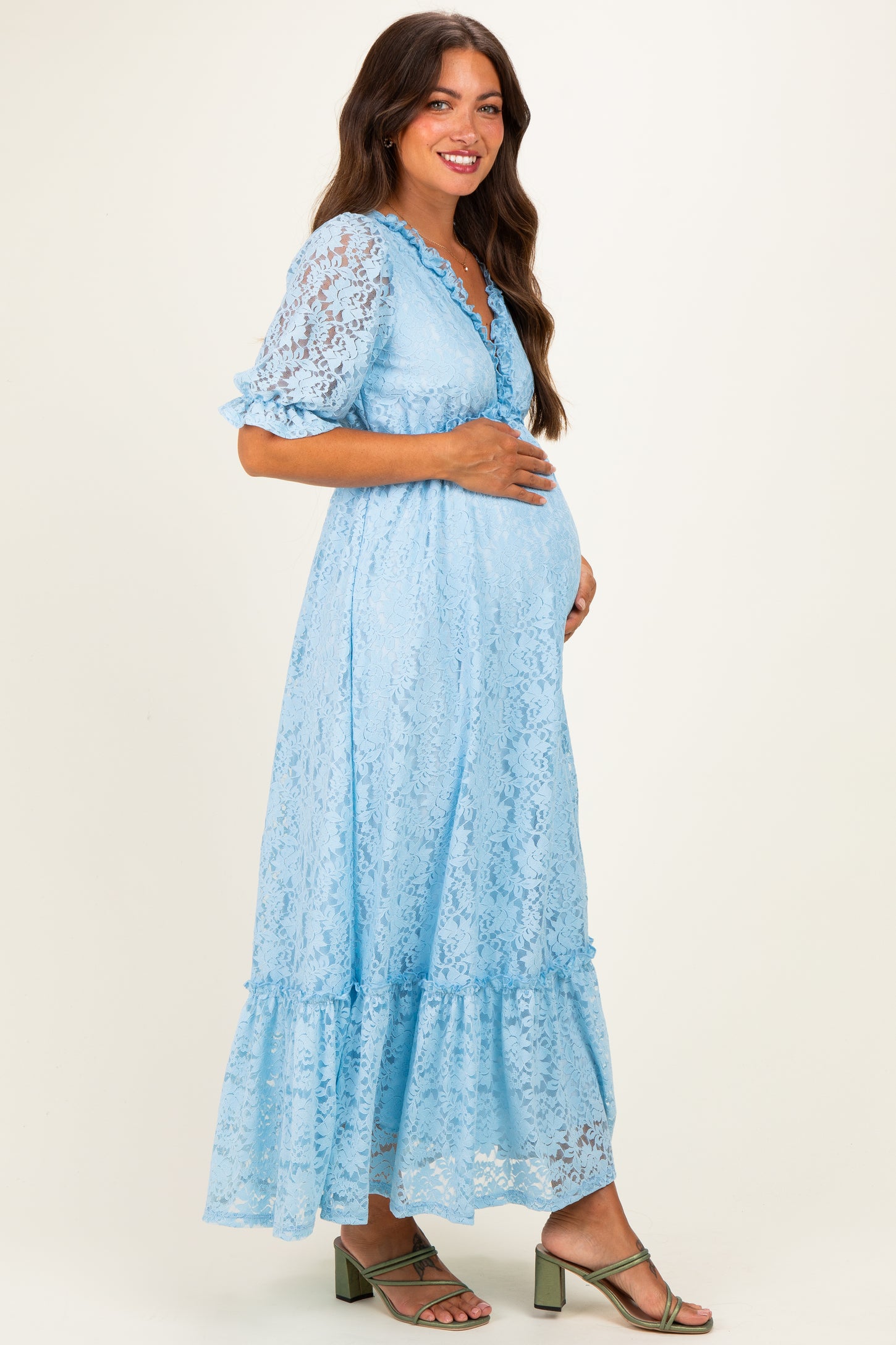 Blue Floral Lace V-Neck Maternity Maxi Dress
