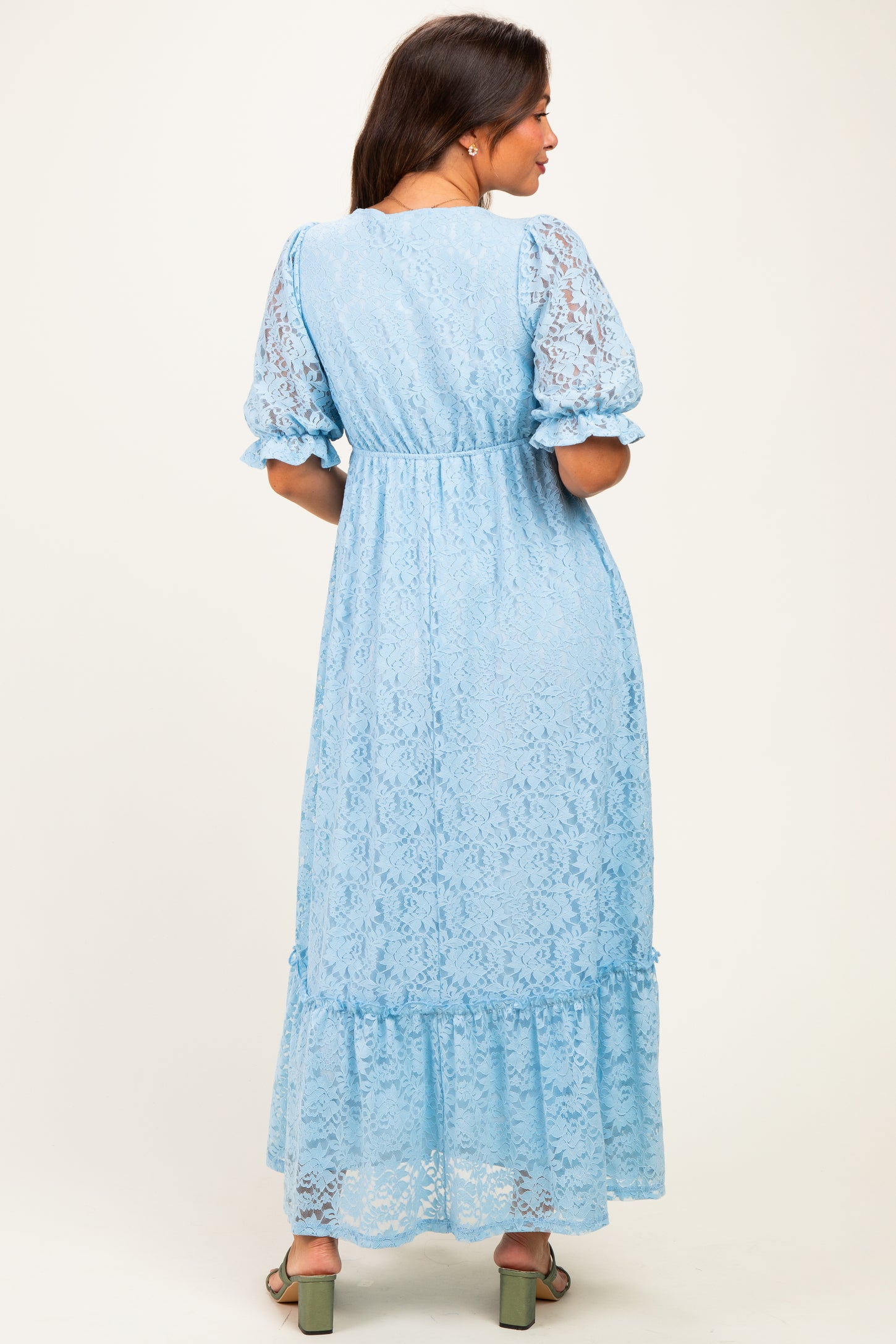 Blue Floral Lace V-Neck Maternity Maxi Dress