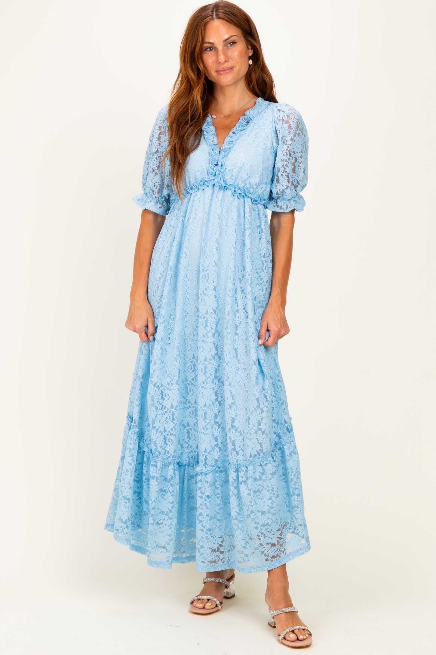 Blue Floral Lace V-Neck Maternity Maxi Dress