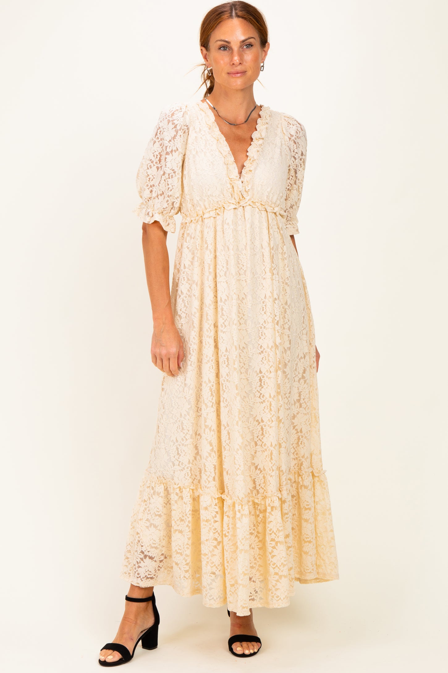 Ivory Floral Lace V-Neck Maxi Dress