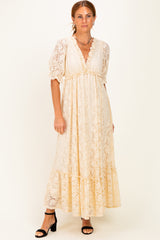 Ivory Floral Lace V-Neck Maxi Dress