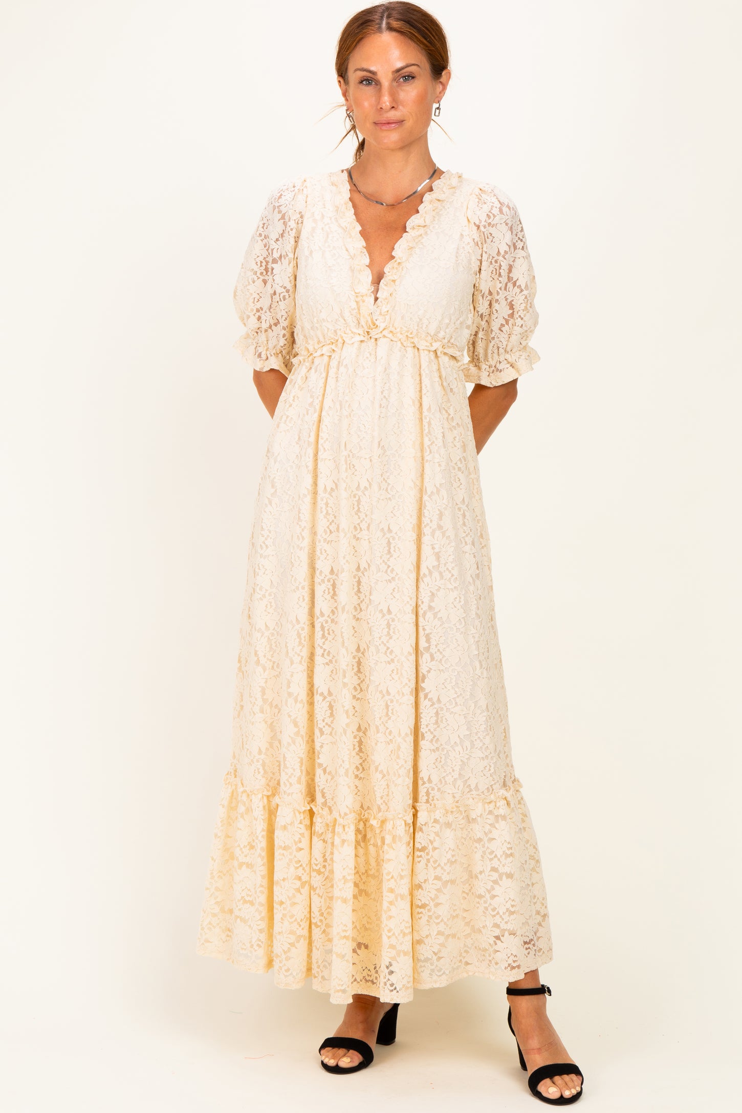 Ivory Floral Lace V-Neck Maxi Dress