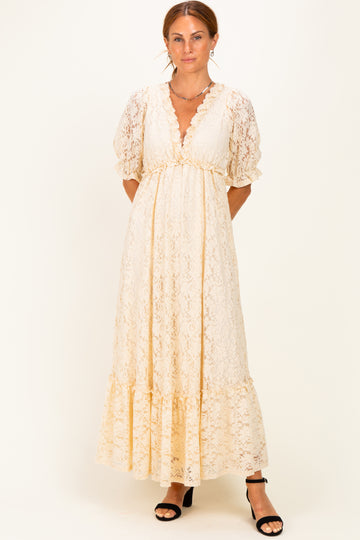 Ivory Floral Lace V-Neck Maxi Dress
