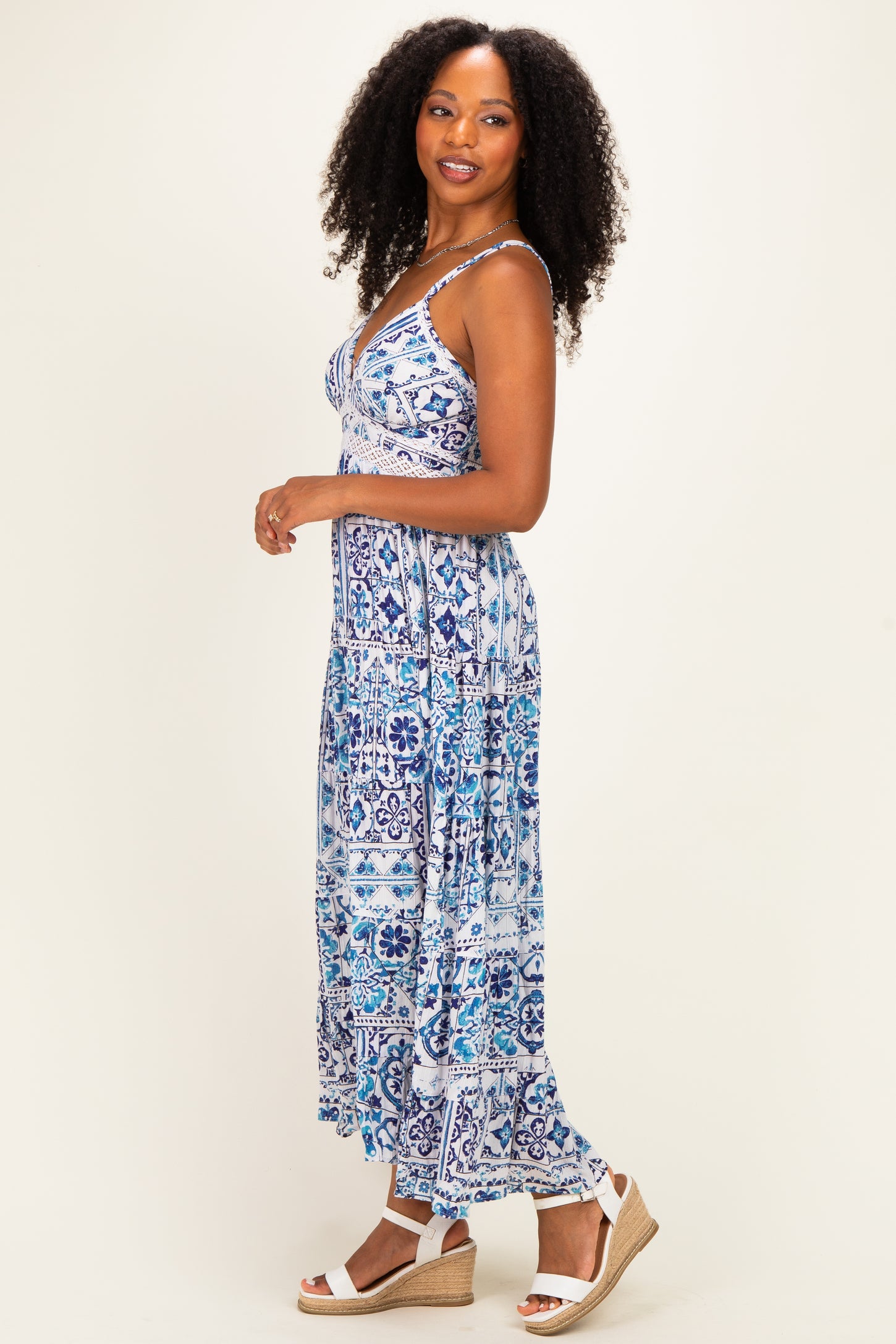 Blue Printed V-Neck Lace Tim Maxi Dress