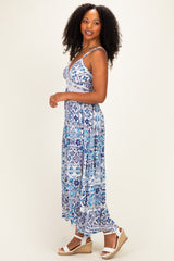 Blue Printed V-Neck Lace Tim Maxi Dress