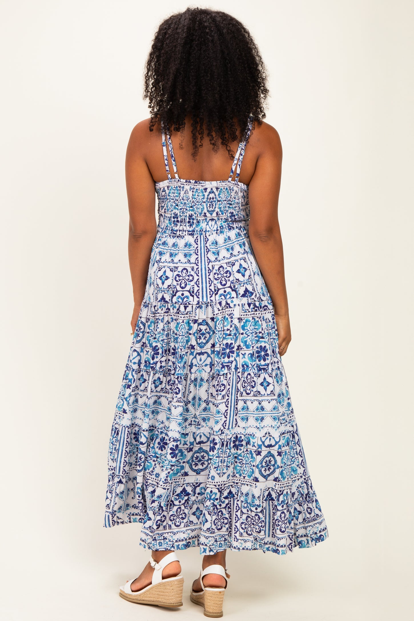 Blue Printed V-Neck Lace Tim Maxi Dress
