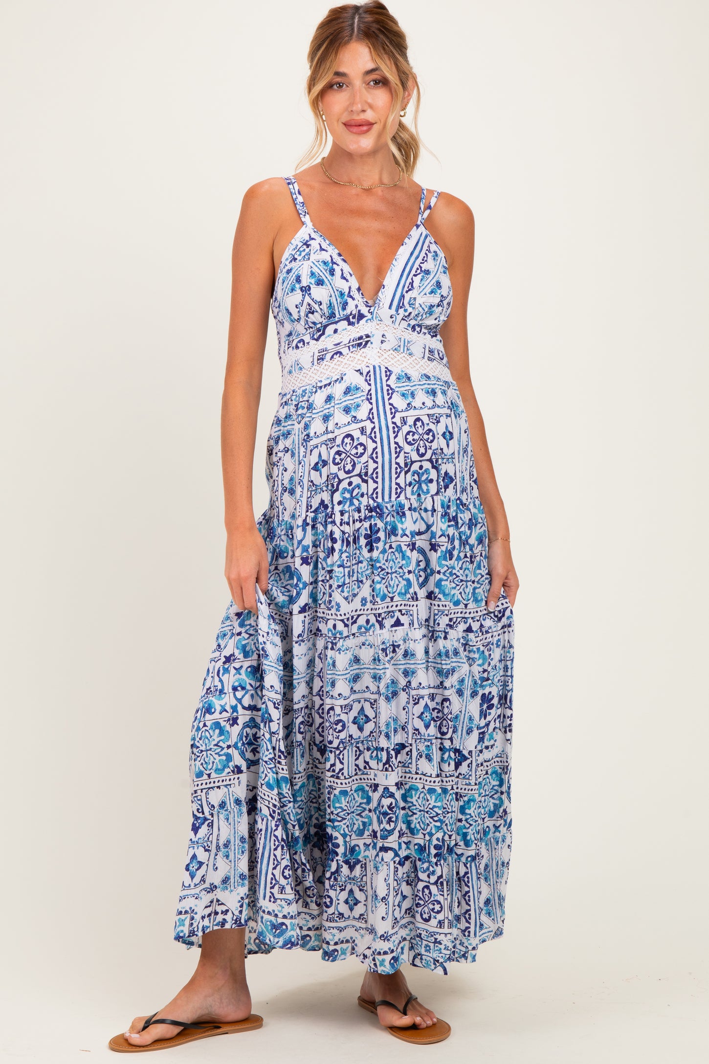 Blue Printed V-Neck Lace Tim Maternity Maxi Dress