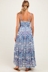Blue Printed V-Neck Lace Tim Maternity Maxi Dress